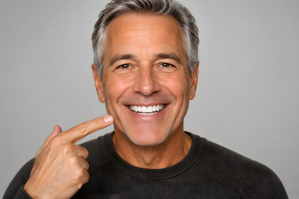 Smiling man pointing at his healthy teeth after dental treatment