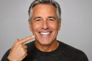 Smiling man pointing at his healthy teeth after dental treatment